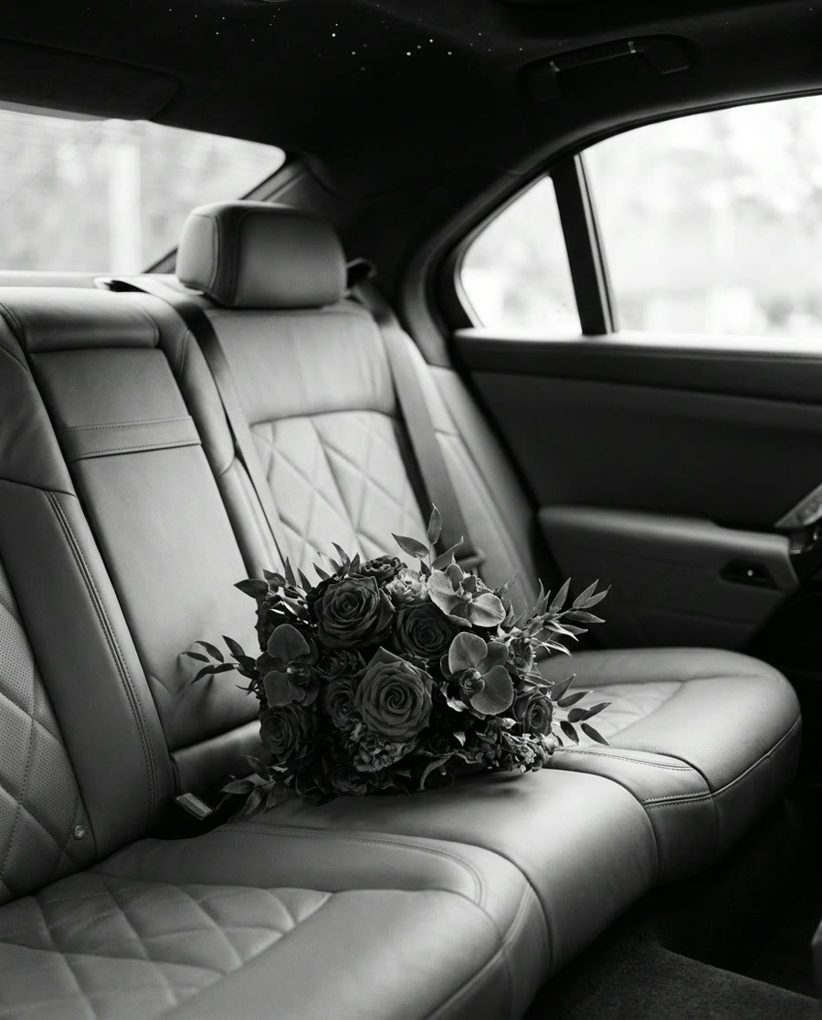 Bridal bouquet resting on the rear leather seat